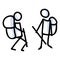 Hiking stick figure line art icon. Carrying backpack, track pole with group . Outdoor leisure walking, climbing trekking
