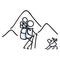 Hiking stick figure line art icon. Carrying backpack, track pole and kids.Leisure walking, climbing and family trekking with pet
