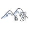 Hiking stick figure line art icon. Carrying backpack, track pole and kids.Leisure walking, climbing parent family trekking with