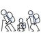 Hiking stick figure line art icon. Carrying backpack, track pole and kids . Outdoor leisure walking, climbing and family trekking