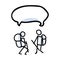 Hiking stick figure line art speech bubble icon. Carrying backpack, track pole group . Outdoor leisure walking, climbing trekking