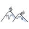 Hiking stick figure on mountain line art icon. Carrying backpack, piggyback ride, track pole . Outdoor leisure walking