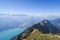 Hiking in the stunning Swiss mountains, view of the alps, green grass, forest swiand footpath