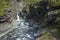 Hiking in Swedish Lapland. Man with backpack standing on cliff looking waterfall