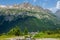 Hiking to Argentiere glacier with the view on the massif des Aiguilles Rouges in French Alps