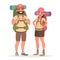 Hiking tourist couple. Man and Woman with large backpacks in the