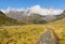 Hiking track in Gertrude Valley with Southern Alps mountain range in distance, Fiordland National Park, New Zealand