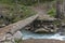 Hiking track in the kumrat forest using a tree trunk as a bridge to cross the river panjkora