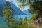 Hiking trail along the lakeside of achensee, austrian spring lan