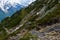 A hiking trail on the edge of the aiguillette des Houches in the Mont Blanc massif in Europe, France, the Alps, towards Chamonix,