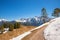 Hiking trail at Kranzberg mountain, view to karwendel alps. some fir trees