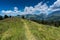 Hiking trail leading along a crest off a grassy hill with a great mountain landscape view behind in Switzerland