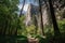 hiking trail lined with tall trees and towering cliffs in the background