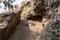 A hiking  trail runs near the bed of the shallow mountain river Jelabun with crystal clear water in the Golan Heights in northern