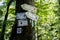 Hiking trail sign. Signpost with hiking destinations and distances