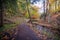 Hiking trail to Munising Falls waterfall in Pictured Rocks National Lakeshore during fall season