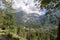 Hiking, trekking train path near Chamonix Mont BLanc, Haute Savoie, France in summer. View over the town from the petit