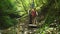 Hiking two young beautiful women coming down stairs in jungle wild natural park in mountains. Travel tourism hiking