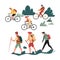 Hiking walking and riding bicycle family active pastime