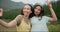 Hiking women friends, selfie and nature with smile, tongue and peace sign for adventure blog in summer. Girl, live