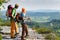 Hiking young couple point at panoramic view