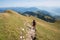 Hiking young woman at the mountain ridge trail, Rofan mountains austria