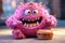 Hilarious Baby monster looks at chickenburger with delight. Generative AI