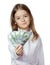 Ð¡hild girl in white shirt holding money isolated on white.Finacial business concept.