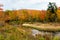 Hill covered in colourful autumn trees with marshland in foreground