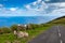 Hill of farm fields and cows in the Corvo island in Azores, Portugal