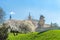 Hill with Guarding lion scrupture of Lublin Royal Castle in spring time.