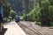 Hill railway station with green trees and train