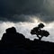 A hill, a stone and a tree against a cloudy sky