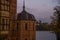 Hillerod, Denmark, Frederiksborg Castle: One of the recognized masterpieces of the Scandinavian Renaissance. Evening landscape