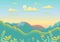 Hills, mountains landscape in flat style design. Beautiful field, meadow, sky, cloud and sun. Rural location with valley forest,