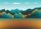 Hills, mountains landscape in flat style design. Beautiful field, sky, cloud and sun. Rural location with valley forest, trees.