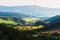 Hills and sunny valley in the Walbrzyskie Mountains or Waldenburg Mountains. Sudetes, Poland.