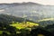 Hills and sunny valley in the Walbrzyskie Mountains or Waldenburg Mountains. Sudetes, Poland.