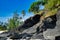 Hillside with black rocks and green trees, plants on the shores of the sandy beautiful exotic and stunning Cenang beach in