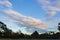 Hilltop view of silhouetted gardens against expansive sky with white cumulus, nimbus clouds