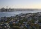 Hilltop vista of seaside suburb, coastal cityscape of cbd from Mount Victoria, Devonport, Auckland, New Zealand