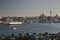 Hilltop vista of seaside suburb, coastal cityscape of cbd and port from grassy Mount Victoria, Devonport, Auckland, New Zealand