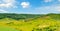 Hilly green fields with trees and shrubs. Wide photo