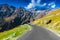 Hilly highway with green pasture and blue sky on the way to himalaya from the road,manali tourism Himachal leh ladakh, India