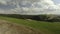 Hilly landscape with green grass and sparse trees. Shot. Top view of beautiful hilly valley with green grass and cloudy