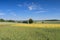 Hilly landscape with wheat fields under a blue sky