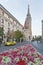 Hilton Hotel flowerbed and Matthias church. Budapest castle district, Hungary.