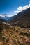 Himalaya landscape: snowed peaks and highland village