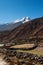 Himalaya landscape: snowed peaks and sherpa village