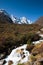 Himalaya landscape: snowed peaks and stream